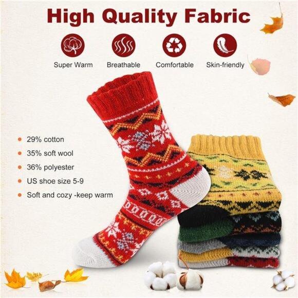 New 5 Pairs Wool Socks for Women - Cute Fuzzy Warm Colorful Crew Socks - Picture 5 of 6